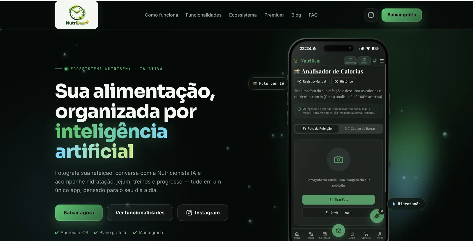 Página inicial do NutriBem+, com o analisador de calorias por foto aberto no aplicativo