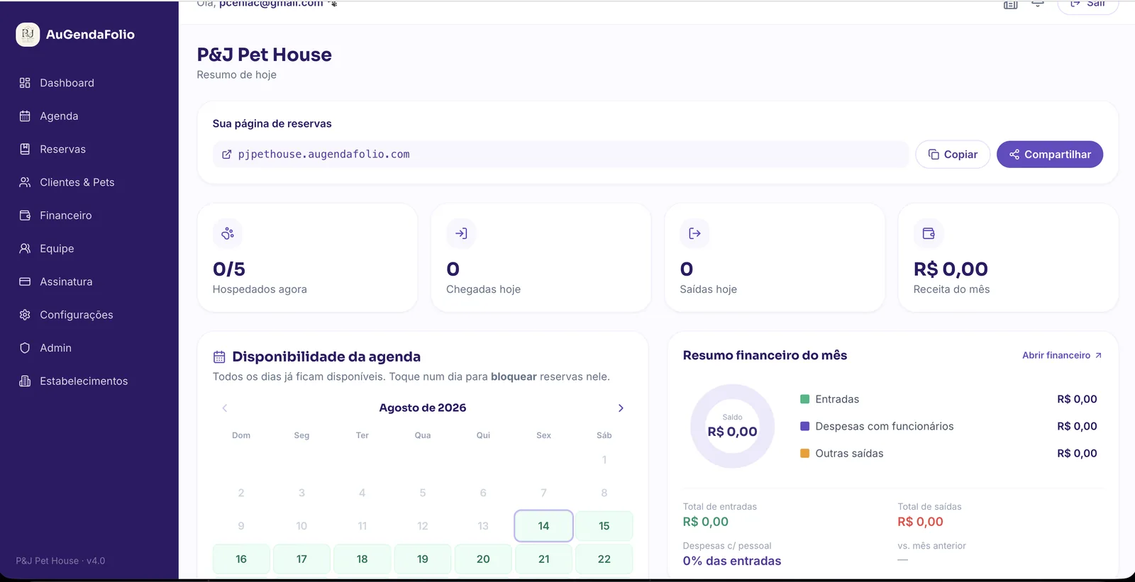 Painel do AuGendaFolio com resumo do dia, página de reservas própria, disponibilidade da agenda e resumo financeiro do mês
