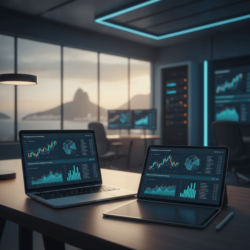 Painel de controle de software financeiro exibindo métricas de cobrança automatizada e transações Pix
