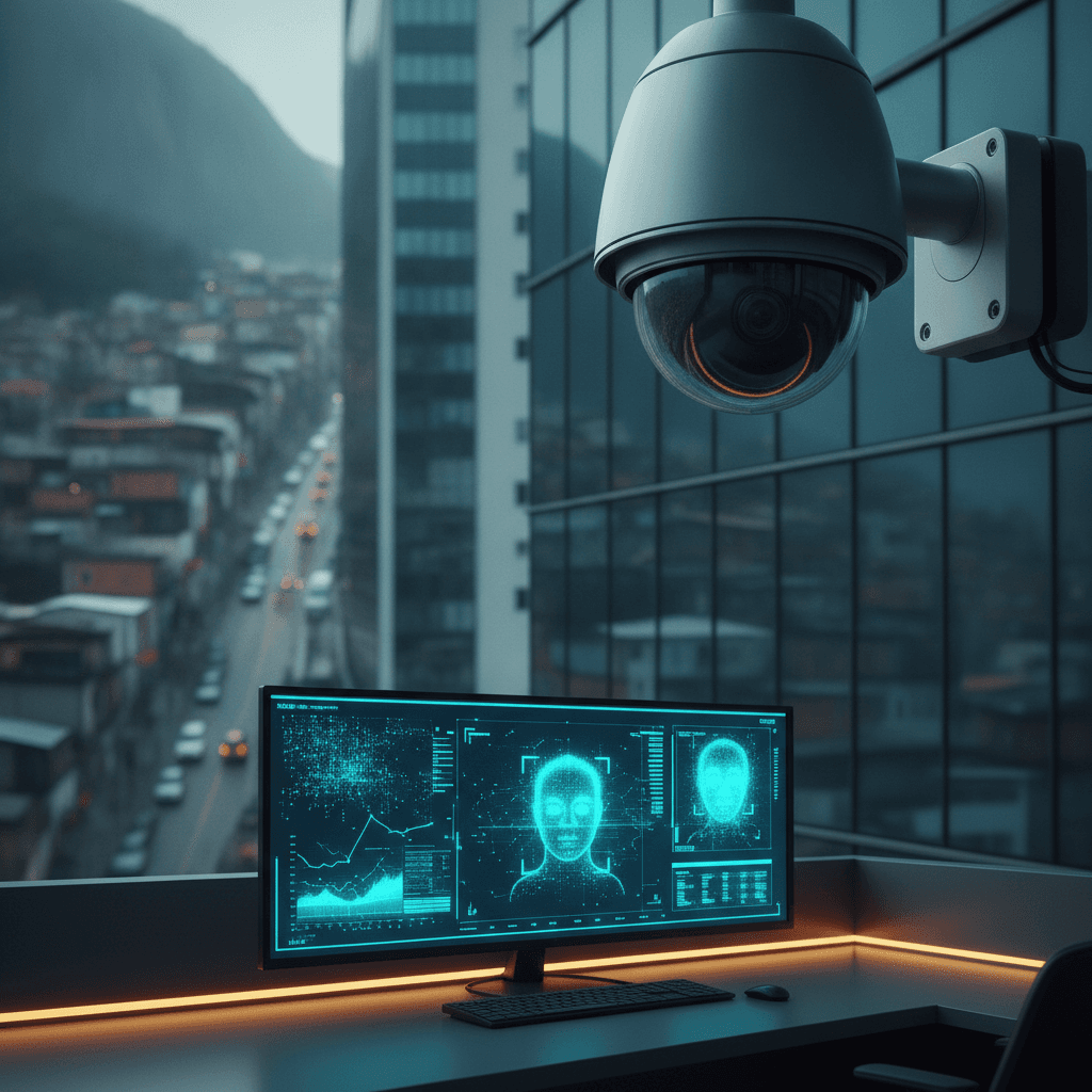 Imagem de uma câmera de segurança moderna instalada em um ambiente urbano do Rio de Janeiro, com foco em privacidade e tecnologia de vigilância.