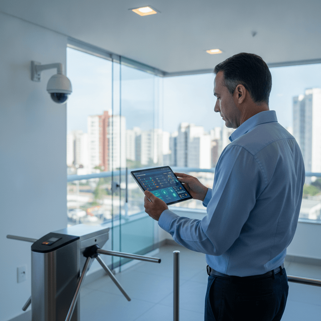 Síndico de condomínio no Rio de Janeiro usando um tablet para gerenciar pagamentos e controle de acesso, com prédios ao fundo.