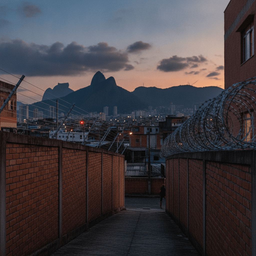 Comparativo visual entre uma cerca elétrica com fios finos e uma concertina com lâminas afiadas, ambas instaladas sobre um muro de tijolos em um ambiente urbano
