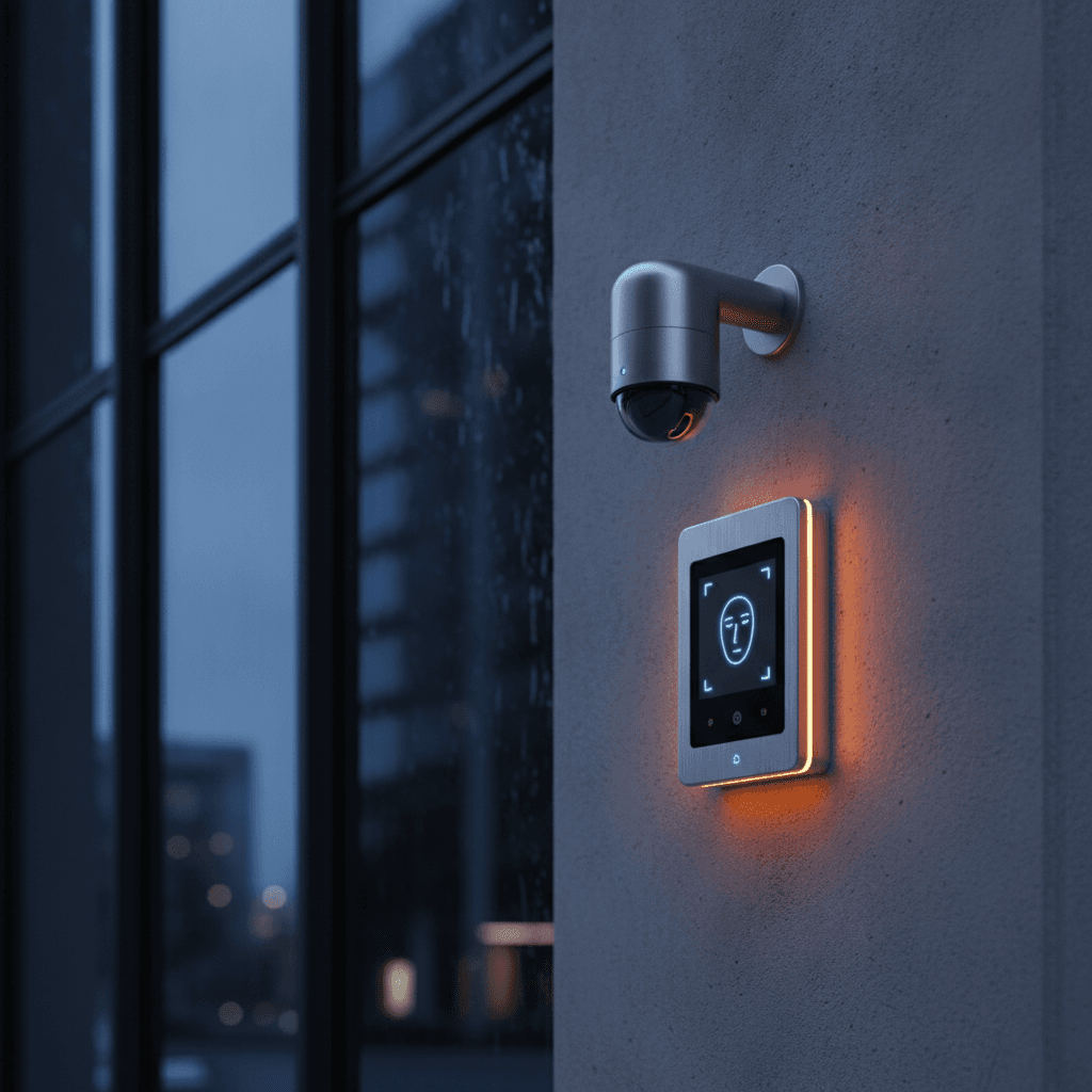 Câmera de segurança moderna instalada na fachada de um edifício urbano durante o entardecer