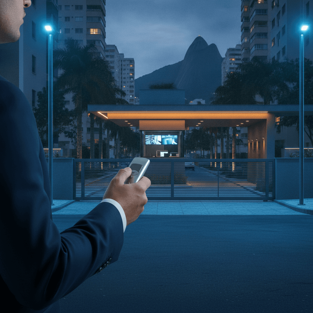 Homem apertando um controle remoto para abrir um portão automático de um condomínio no Rio de Janeiro ao anoitecer, com iluminação de segurança.