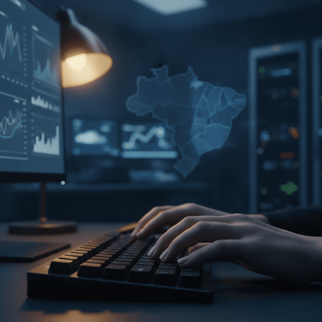 Mãos digitando em um teclado de computador com gráficos financeiros e um mapa do Rio de Janeiro ao fundo, simbolizando gestão fiscal e tecnologia para negócios
