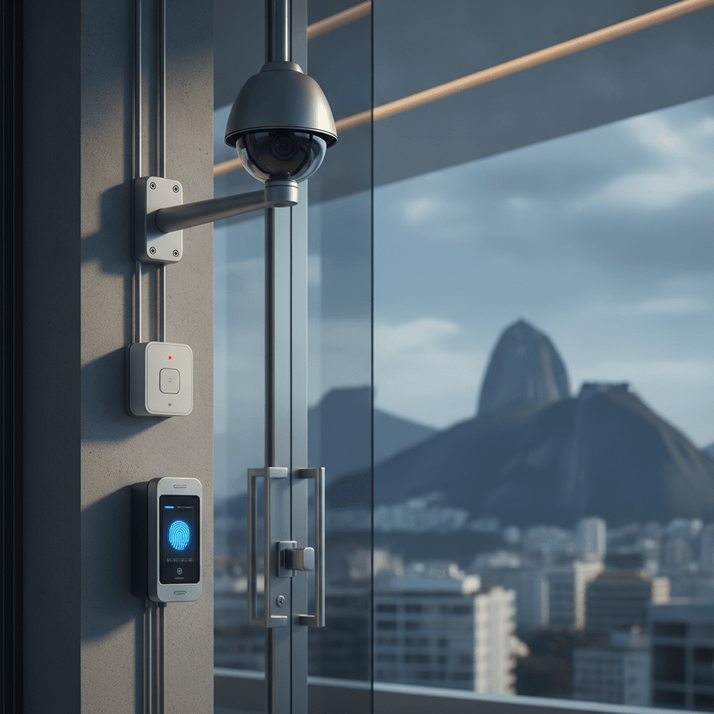 Equipamentos de segurança eletrônica, como câmeras de vigilância e alarmes, instalados em um ambiente urbano no Rio de Janeiro.