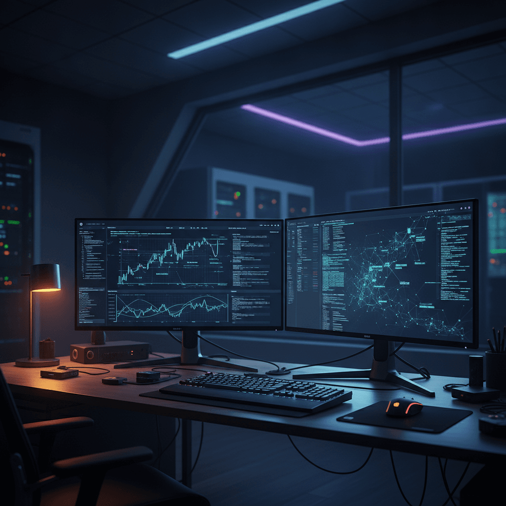 Painel de controle com gráficos financeiros e monitoramento de servidor