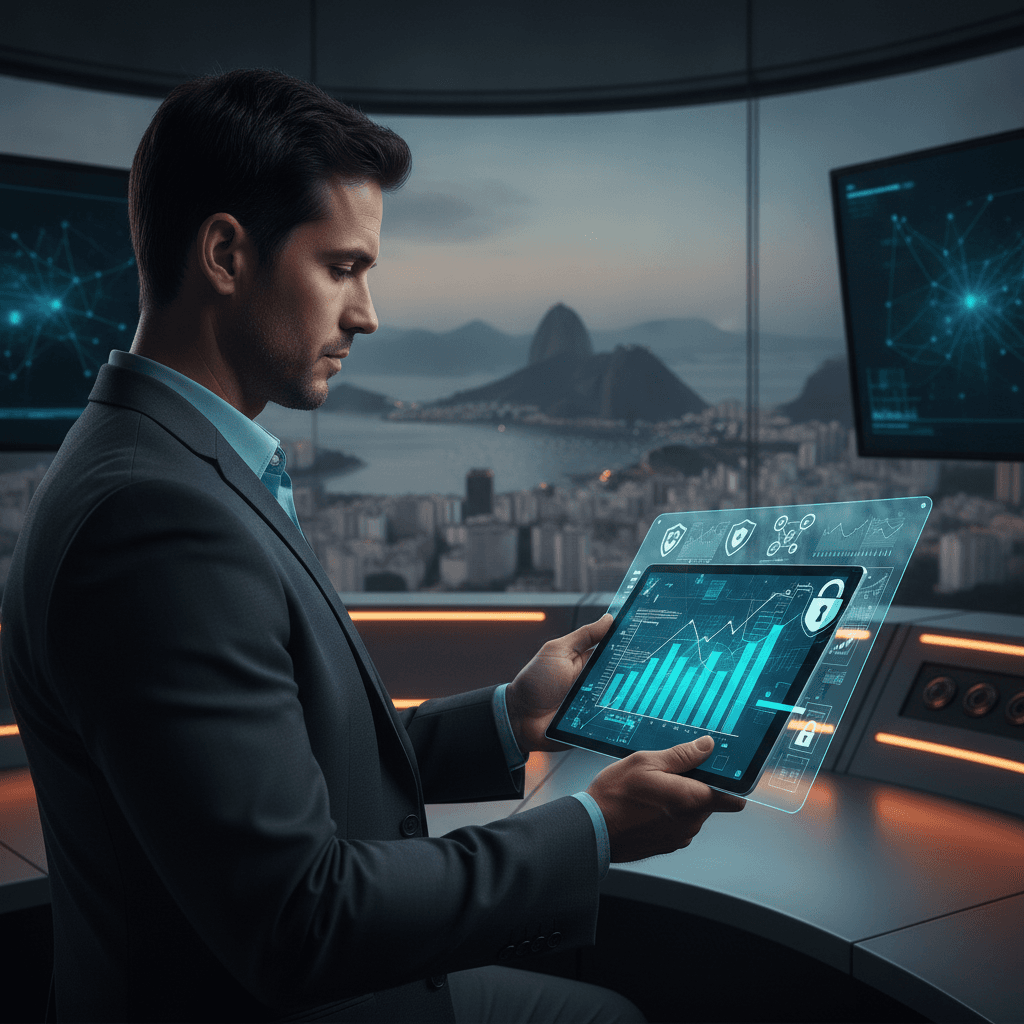 Profissional de segurança eletrônica revisando dados em um tablet com gráficos e ícones de pagamento e segurança