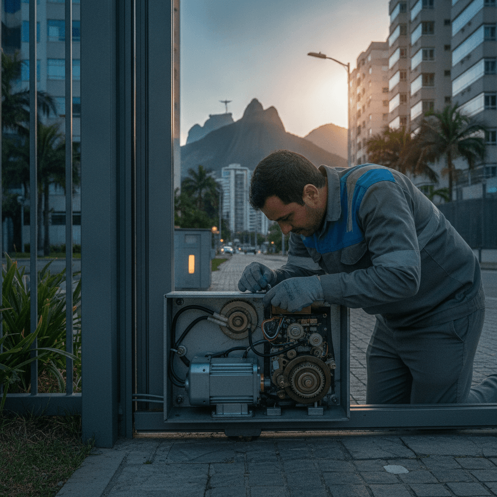 Homem com uniforme de técnico inspeciona motor de portão automático deslizante de metal cinza